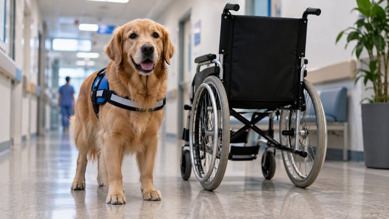 Perro de terapia con arnés azul junto a una silla de ruedas vacía en un pasillo de hospital