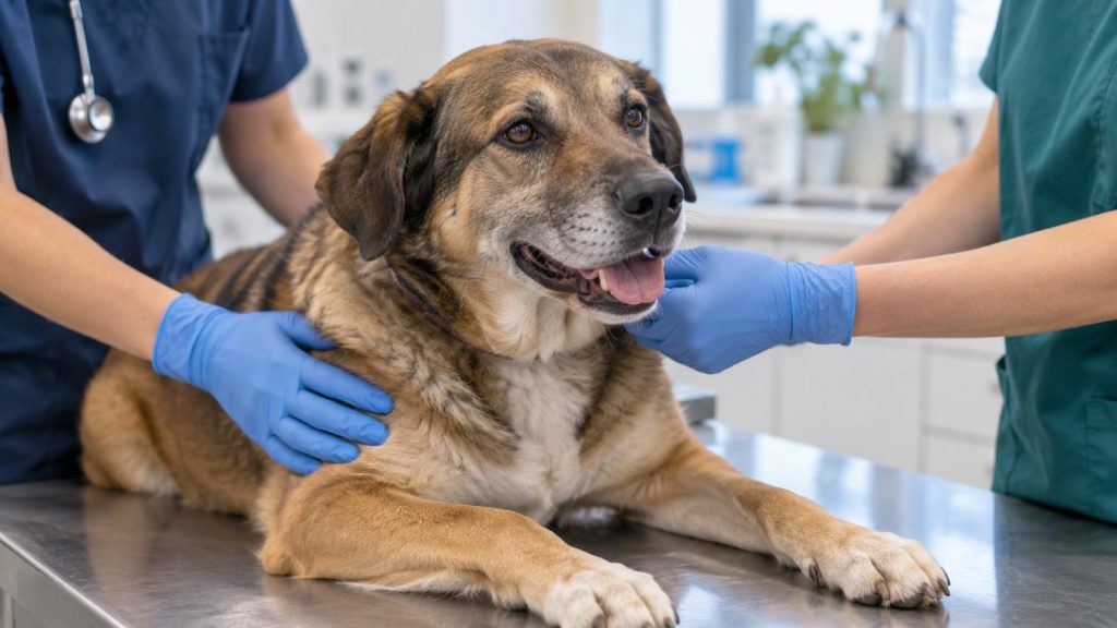 Perro tumbado en una mesa de consulta atendido por dos veterinarios con guantes