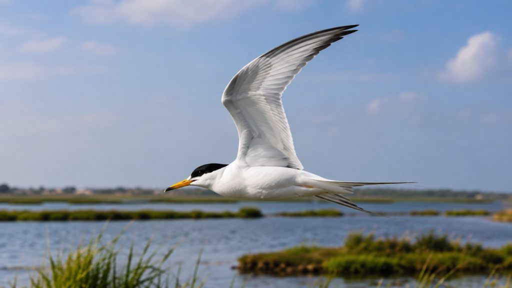 Charrancito común en vuelo sobre una marisma de la bahía de Cádiz