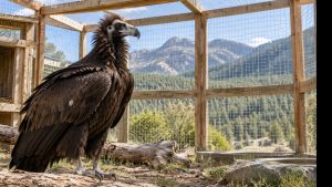Buitre negro posado en una jaula de aclimatación de madera, con la sierra al fondo