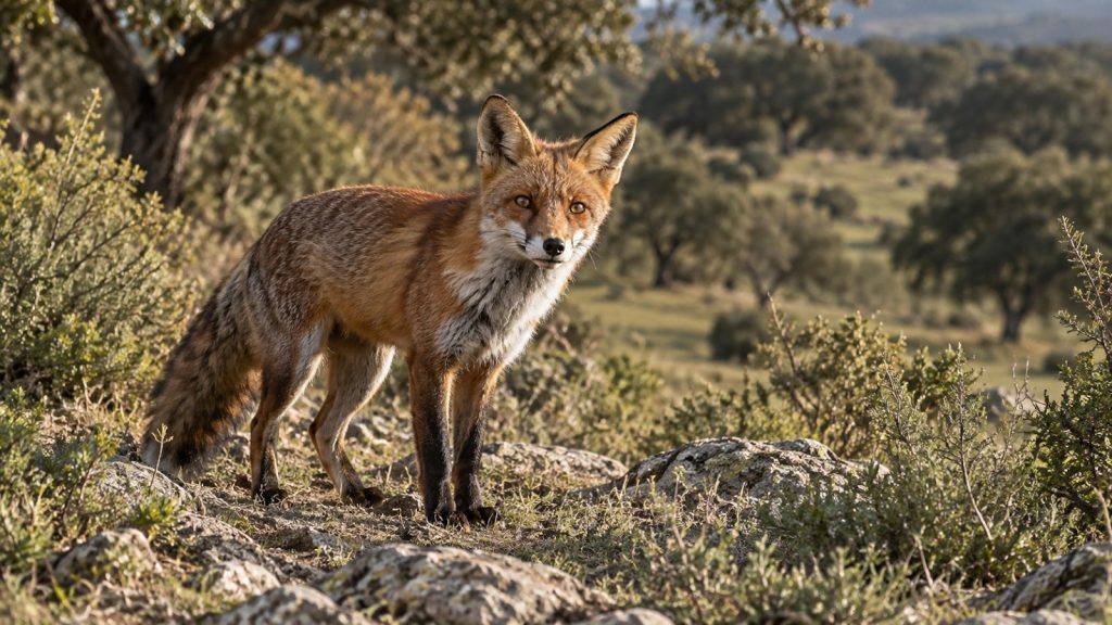 Zorro rojo de pie en una dehesa al amanecer