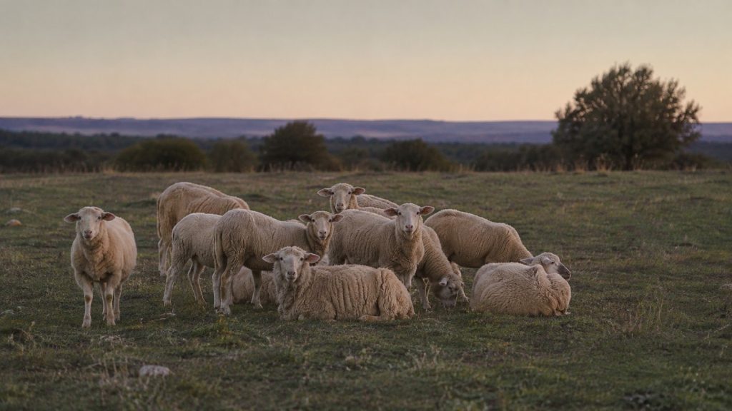 Rebaño de ovejas en un prado al anochecer, algunas tumbadas y otras pastando