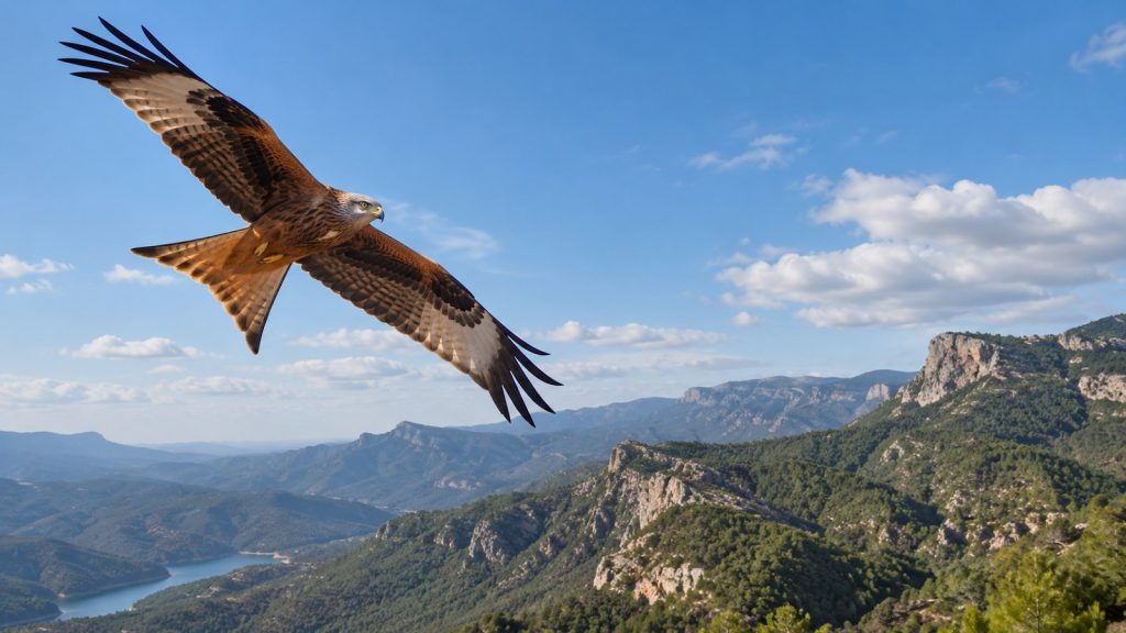 Milano real en vuelo sobre una sierra mediterránea