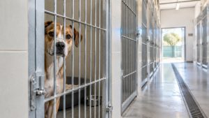 Perro asomado entre los barrotes de un box en un centro de protección animal
