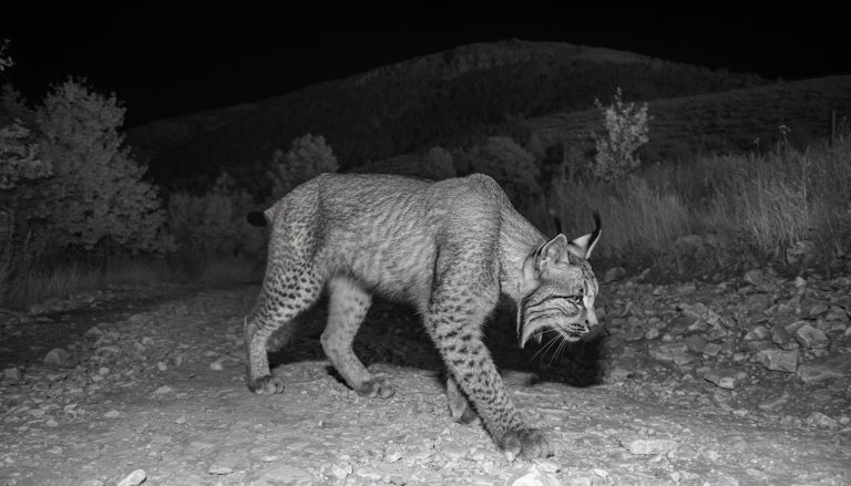 Fotografía nocturna en blanco y negro captada por cámara de fototrampeo de un lince caminando por un sendero pedregoso de monte, con cola corta característica de la especie.