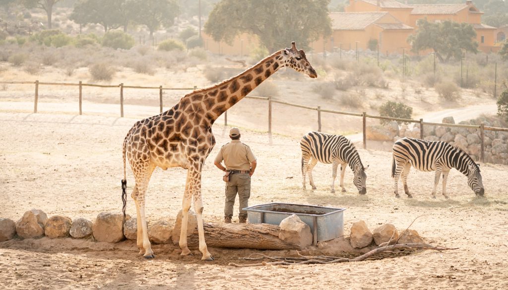 Cuidador de un parque safari, visto de espaldas, junto a una jirafa y dos cebras pastando en un recinto arenado con casetas al fondo.
