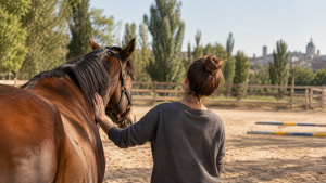Una persona acaricia a un caballo en un picadero al aire libre
