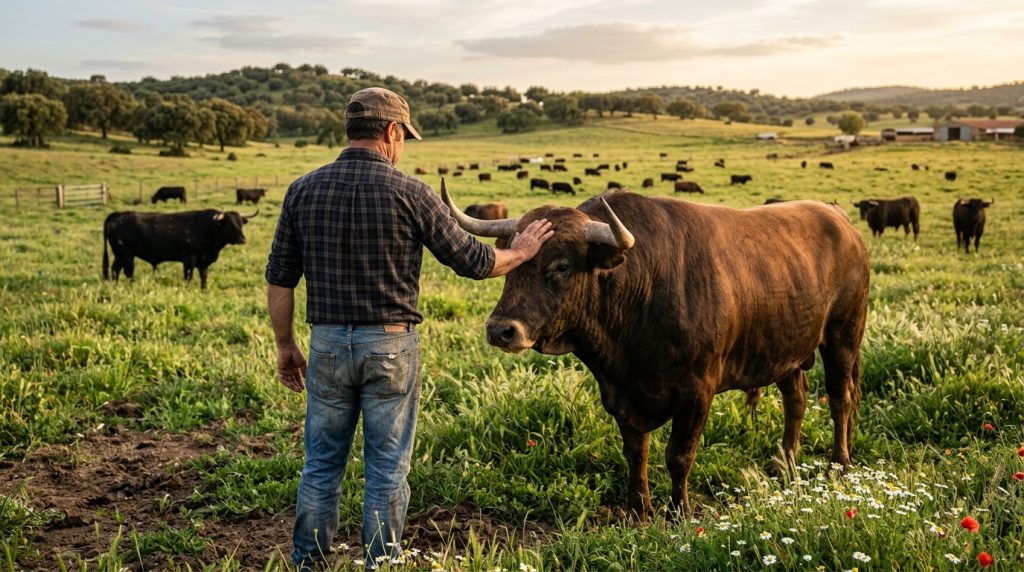 Toro bravo en una dehesa junto a un cuidador visto de espaldas