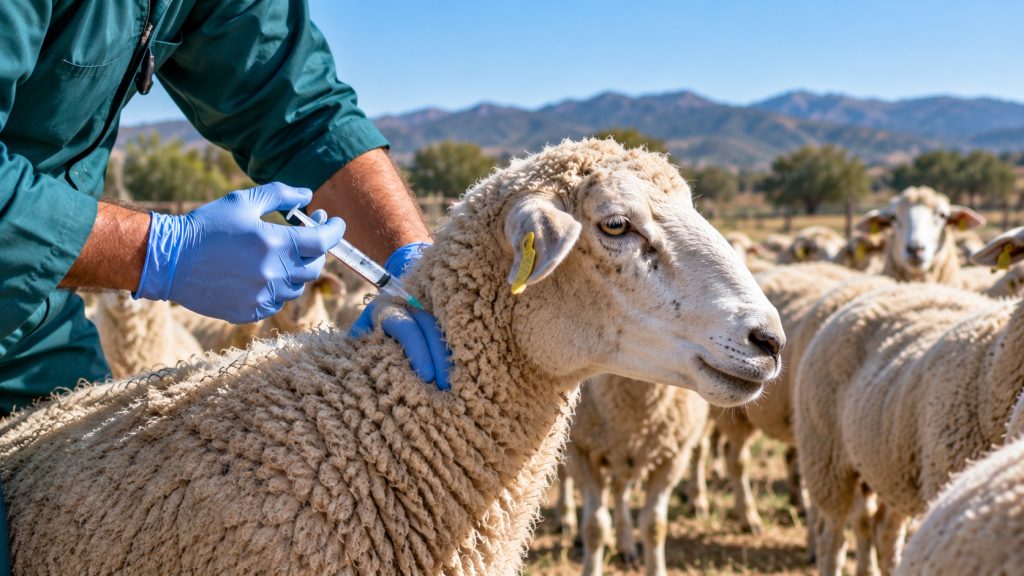 Ilustración de un veterinario administrando una vacuna a una oveja en una explotación ganadera.