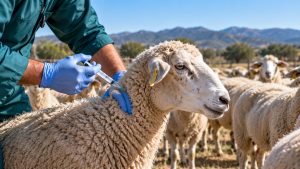 Ilustración de un veterinario administrando una vacuna a una oveja en una explotación ganadera.