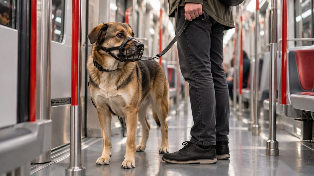 Ilustración de un perro grande con bozal y correa junto a una persona en el interior de un tren de metro.