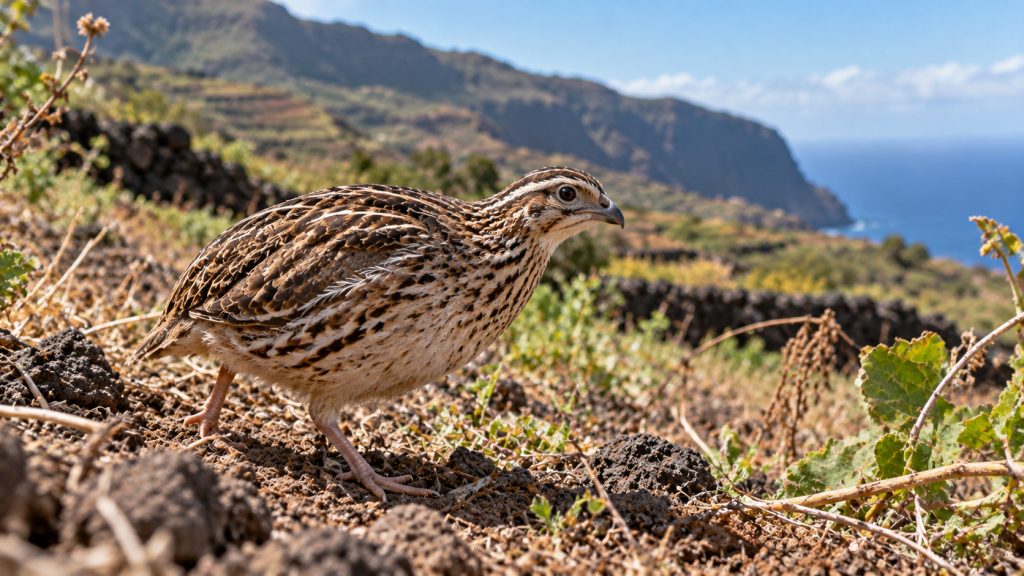 Ilustración conceptual de una codorniz común en un terreno agrícola volcánico de El Hierro.