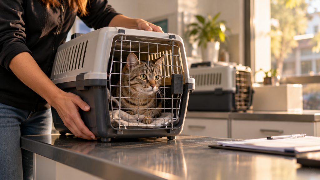 Gato atigrado dentro de un transportín en una mesa de clínica veterinaria; escena conceptual de la atención a colonias felinas.