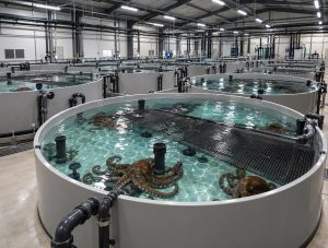 Ilustración generada por IA de grandes tanques circulares con pulpos en el interior de una nave industrial