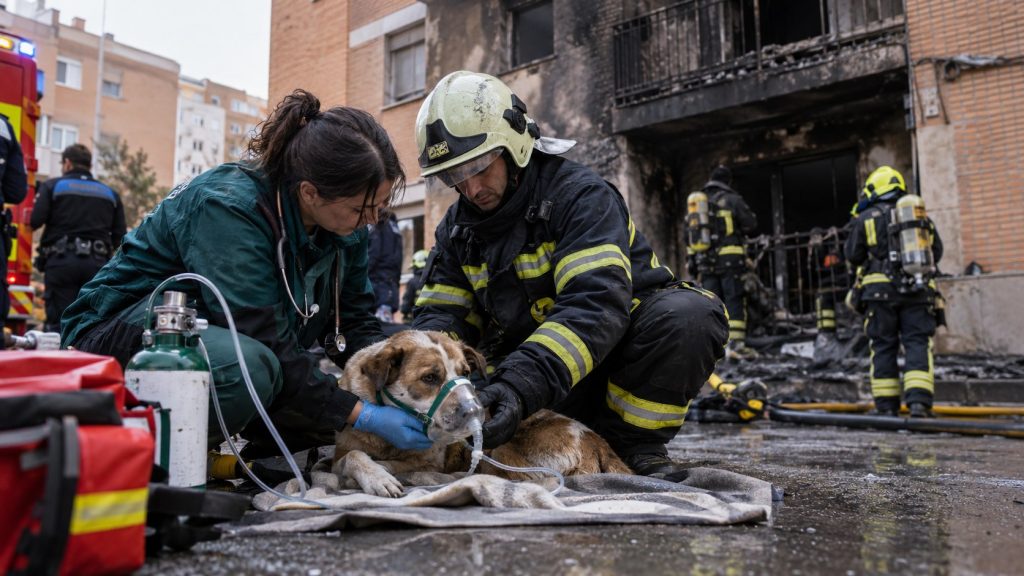 Una veterinaria y un bombero atienden a un perro tumbado sobre una manta con una mascarilla de oxígeno, delante de un edificio quemado